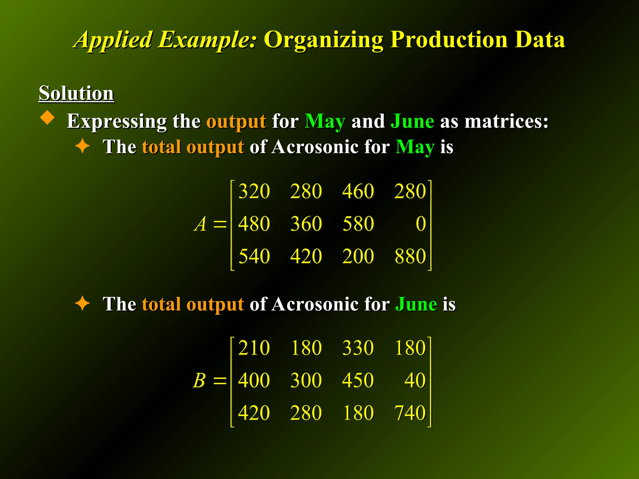 Applied Example:
Applied Example: Organizing Production Data
Organizing Production Data
Solution
Solution
 Expressing the
Expressing the output
output for
for May
May and
and June
June as matrices:
as matrices:
✦ The
The total output
total output of Acrosonic for
of Acrosonic for May
May is
is
✦ The
The total output
total output of Acrosonic for
of Acrosonic for June
June is
is
320 280 460 280
480 360 580 0
540 420 200 880
A
 
 

 
 
 
210 180 330 180
400 300 450 40
420 280 180 740
B
 
 

 
 
 
 