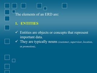 The elements of an ERD are:
1. ENTITIES
 Entities are objects or concepts that represent
important data.
 They are typically nouns (customer, supervisor, location,
or promotion).
 