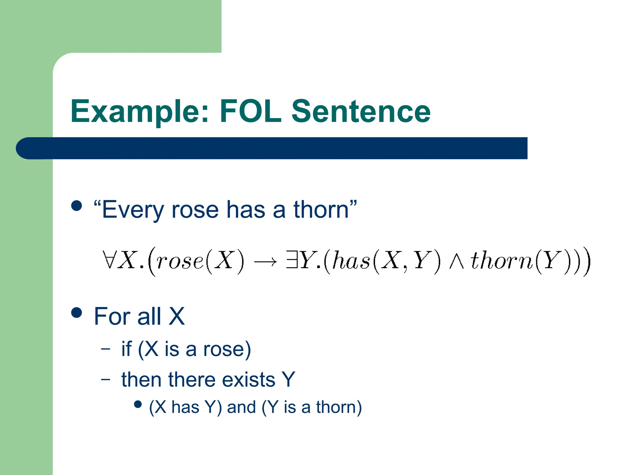Example: FOL Sentence
 “Every rose has a thorn”
 For all X
– if (X is a rose)
– then there exists Y
 (X has Y) and (Y is a thorn)
 
