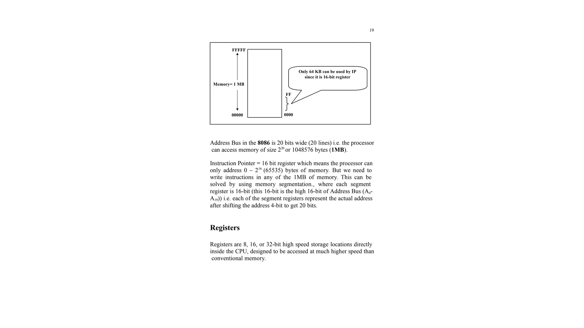 19
Address Bus in the 8086 is 20 bits wide (20 lines) i.e. the processor
can access memory of size 220
or 1048576 bytes (1MB).
Instruction Pointer = 16 bit register which means the processor can
only address 0 – 216
(65535) bytes of memory. But we need to
write instructions in any of the 1MB of memory. This can be
solved by using memory segmentation., where each segment
register is 16-bit (this 16-bit is the high 16-bit of Address Bus (A4-
A19)) i.e. each of the segment registers represent the actual address
after shifting the address 4-bit to get 20 bits.
Registers
Registers are 8, 16, or 32-bit high speed storage locations directly
inside the CPU, designed to be accessed at much higher speed than
conventional memory.
FFFFF
Memory= 1 MB
00000
FF
0000
Only 64 KB can be used by IP
since it is 16-bit register
 