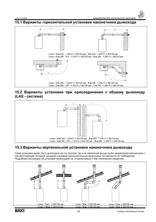 Luna 3 Comfort руководство для технического персонала
13 газовые настенные котлы
15.1 Варианты горизонтальной установки наконечника дымохода
15.2 Варианты установки при присоединении к общему дымоходу
(LAS - система)
15.3 Варианты вертикальной установки наконечника дымохода
Такая установка может быть выполнена как на плоской, так и на наклонной крыше путем закрепления наконечника с
соответствующей погодной насадкой и рукавом (дополнительные аксессуары поставляется по требованию).
Подробные инструкции об установке аксессуаров см. в прилагаемых к ним технических сведениях.
Lmax = 5 м 240 - 1.240 Fi ∅ 60/100 мм – 9 м 240 - 1.240 Fi ∅ 80/125 мм
Lmax = 4 м 280 - 310 - 1.310 Fi ∅ 60/100 мм – 8 м 240 - 1.240 Fi ∅ 80/125 мм
Lmax = 4 м 240 - 1.240 Fi ∅ 60/100 мм – 8 м 240 - 1.240 Fi ∅ 80/125 мм
Lmax = 3 м 280 - 310 - 1.310 Fi ∅ 60/100 мм – 7 м 240 - 1.240 Fi ∅ 80/125 мм
Lmax = 5 м 240 - 1.240 Fi ∅ 60/100 мм – 9 м 240 - 1.240 Fi ∅ 80/125 мм
Lmax = 4 м 280 - 310 - 1.310 Fi ∅ 60/100 мм – 8 м 240 - 1.240 Fi ∅ 80/125 мм
Lmax = 4 м ∅ 60/100 мм
Lmax = 10 м ∅ 80/125 мм
Lmax = 2 м ∅ 60/100 мм
Lmax = 8 м ∅ 80/125 мм
Lmax = 3 м ∅ 60/100 мм
Lmax = 9 м ∅ 80/125 мм
 