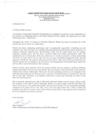 ZALORA Group Recommendation letter for Mandy