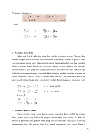 Persamaan peluruhannya:




Contoh:




b) Peluruhan Sinar Beta
       Salah satu bentuk peluruhan sinar beta adalah peluruhan neutron. Neutron akan
meluruh menjadi proton, elektron, dan antineutrino. Antineutrino merupakan partikel netral
yang mempunyai energi, tetapi tidak memiliki massa. Bentuk peluruhan sinar beta yang lain
adalah peluruhan proton. Proton akan meluruh menjadi neutron, positron, dan neutrino.
Neutrino memiliki sifat yang sama dengan antineutrino. Peluruhan sinar beta bertujuan agar
perbandingan antara proton dan neutron di dalam inti atom menjadi seimbang sehingga inti
atomm tetap stabil. Jika inti radioaktif memancarkan sinar beta (β ) maka nomor massa inti
tetap (jumlah nukleon tetap), tetapi nomor atom berubah. Terjadi dua proses peluruhan, yaitu:




c) Peluruhan Sinar Gamma
       Suatu inti atom yang berada dalam keadaan tereksitasi dapat kembali ke keadaan
dasar (ground state) yang lebih stabil dengan memancarkan sinar gamma. Peristiwa ini
dinamakan peluruhan sinar gamma. Atom yang tereksitasi biasanya terjadi pada atom yang
memancarkan sinar alfa maupun sinar beta, karena pemancaran sinar gamma biasanya

                                                                                                15
 