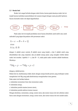 2.3 Reaksi Inti
       Reaksi inti sangat berbeda dengan reaksi kimia, karena pada dasarnya reaksi inti ini
terjadi karena tumbukan (penembakan) inti sasaran (target) dengan suatu proyektil (peluru).
Secara skematik reaksi inti dapat digambarkan:




       Pada reaksi inti ini terjadi perubahan unsur karena ditumbuk zarah nuklir atau zarah
radioaktif yang dapat dinyatakan oleh persamaan reaksi:




dengan A adalah unsur semula, B adalah unsur yang terjadi, a dan b adalah zarah yang
ditumbukkan dan yang terpental, dan Q adalah energi panas yang mungkin timbul dalam
reaksi inti tersebut. Apabila b = a, dan B = A, maka pada reaksi tersebut adalah hamburan.
Misalnya:




dengan p adalah proton.
Dalam hal ini, hamburannya tidak elastis dengan energi kinetik proton yang terdisipasi untuk
mengeksitasi inti Mg yang pada deeksitasinya mengeluarkan sinar gamma.
Pada reaksi inti berlaku hukum:
a. kekekalan momentum linier dan momentum sudut,
b. kekekalan energi,
c. kekekalan jumlah muatan (nomor atom),
d. kekekalan jumlah nukleon (nomor massa).
Dengan demikian, momentum, energi, nomor atom, dan nomor massa inti-inti sebelum reaksi
harus sama dengan momentum, energi, nomor atom, dan nomor massa inti-inti setelah reaksi.



                                                                                               19
 