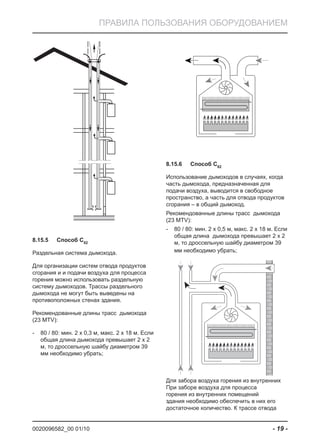 0020096582_00 01/10 - 19 -
ПРАВИЛА ПОЛЬЗОВАНИЯ ОБОРУДОВАНИЕМ
Способ C8.15.5 52
Раздельная система дымохода.
Для организации систем отвода продуктов
сгорания и и подачи воздуха для процесса
горения можно использовать раздельную
систему дымоходов. Трассы раздельного
дымохода не могут быть выведены на
противоположных стенах здания.
Рекомендованные длины трасс дымохода
(23 MTV):
80 / 80: мин. 2 x 0,3 м, макс. 2 x 18 м. Если-
общая длина дымохода превышает 2 x 2
м, то дроссельную шайбу диаметром 39
мм необходимо убрать;
Способ C8.15.6 82
Использование дымоходов в случаях, когда
часть дымохода, предназначенная для
подачи воздуха, выводится в свободное
пространство, а часть для отвода продуктов
сгорания – в общий дымоход.
Рекомендованные длины трасс дымохода
(23 MTV):
80 / 80: мин. 2 x 0,5 м, макс. 2 x 18 м. Если-
общая длина дымохода превышает 2 x 2
м, то дроссельную шайбу диаметром 39
мм необходимо убрать;
Для забора воздуха горения из внутренних
При заборе воздуха для процесса
горения из внутренних помещений
здания необходимо обеспечить в них его
достаточное количество. К трассе отвода
 