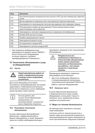 0020096582_00 01/10- 26 -
ВАМ ТРЕБУЕТСЯ ПОМОЩЬ?
Код Описание
F72
Постоянная разница показаний датчика протока и NTC датчика температуры обратной
линии
F73 Датчик давления не подключен или в нем произошло короткое замыкание
F74 Неисправность в электрической части датчика давления (или поврежден провод)
F75
Повторяющаяся ошибка датчика давления. После запуска насоса не был
зарегистрирован скачок давления.
F76 Неисправность теплового предохранителя на первичном теплообменнике
F80 Ошибка SHE датчика на входе
F81 Ошибка циркуляционного насоса
F82 Неисправный анодный тестер
F90 Не подключено к модулю APC
F91 Неисправность датчика в модуле APC
При появлении изображения кода•
неисправности нажмите кнопку «RESET».
Если и после этого оборудование
не начнет работать, вызовите
квалифицированного специалиста.
Техническое обслуживание и уход10
за оборудованием
Чистка10.1
a
Перед проведением работ по
уходу и профилактическому
осмотру котел необходимо
выключить.
Для чистки облицовки котла можно
пользоваться мелкоабразивными чистящими
средствами и слабонамоченной ветошью,
после мытья поверхность котла необходимо
насухо вытереть сухой тряпкой.
i
Не пользуйтесь для
чистки котла абразивными
материалами или
растворителями, которые бы
могли повредить покрытие.
Регулярное техническое10.2
обслуживание
В целях обеспечения бесперебойной,
безопасной и эффективной работы
Вашего оборудования, а также продления
срока его службы необходимо регулярно
производить операции по его техническому
обслуживанию.
b
Неправильные или
неадкватные действия по
техническому обслуживанию
котла могут негативно
повлиять на безопасность
его работы, что может
привести к получению
травмы.
Рекомендуем производить сервисное
обслуживание котла ежегодно.
Для этого необходимо обращаться•
к специализированной организации,
уполномоченной компанией Protherm на
работу с данным оборудованием.
10.3 Запасные части
В целях обеспечения безопасности
и продолжительности срока службы
оборудования, используйте только те
запасные части, применение которых
одобрено изготовиетелем.
Меры по технике безопасности11
На практике могут возникнуть ситуации,
когда необходимо:
отключить котел от электрической сети и
принять меры для исключения возможности
несанкционированной подачи напряжения на
котел при выполнении следующих операций:
 