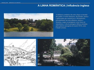 PRAÇAS   BRASILEIRAS


                       A LINHA ROMÂNTICA | Influência inglesa


                                    A influência romântica das artes chega ao desenho
                                    dos jardins. O estilo fantasioso, devaneador, poético
                                    e apaixonado que caracterizava o Romantismo,
                                    principalmente nas artes plásticas, música e
                                    literatura, surgiu no paisagismo como busca do
                                    naturalismo e volta às paisagens idílicas retratadas
                                    pelos pintores paisagistas do século XVII, como
                                    Claude Lorraine.
 