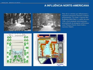 PRAÇAS   BRASILEIRAS


                       A INFLUÊNCIA NORTE-AMERICANA


                                  Duas são as vertentes que influenciaram a
                                  arquitetura paisagística brasileira moderna:
                                  primeiramente, a já citada e vigorosa obra
                                  de Roberto Burle Marx, e, a partir dos anos
                                  1940, a fértil produção norte-americana –
                                  principalmente de paisagistas californianos
                                  como Thomas Church, Garret Eckbo e
                                  Lawrence Halprin.
 