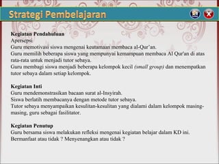 Kegiatan Pendahuluan
Apersepsi
Guru memotivasi siswa mengenai keutamaan membaca al-Qur’an.
Guru memilih beberapa siswa yang mempunyai kemampuan membaca Al Qur'an di atas
rata-rata untuk menjadi tutor sebaya.
Guru membagi siswa menjadi beberapa kelompok kecil (small group) dan menempatkan
tutor sebaya dalam setiap kelompok.
Kegiatan Inti
Guru mendemonstrasikan bacaan surat al-Insyirah.
Siswa berlatih membacanya dengan metode tutor sebaya.
Tutor sebaya menyampaikan kesulitan-kesulitan yang dialami dalam kelompok masing-
masing, guru sebagai fasilitator.
Kegiatan Penutup
Guru bersama siswa melakukan refleksi mengenai kegiatan belajar dalam KD ini.
Bermanfaat atau tidak ? Menyenangkan atau tidak ?
 