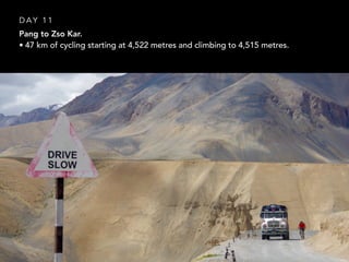 Pang to Zso Kar.
• 47 km of cycling starting at 4,522 metres and climbing to 4,515 metres.
D A Y 1 1
 