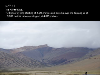 Tso Kar to Lato.
• 73 km of cycling starting at 4,515 metres and passing over the Taglang La at
5,300 metres before ending up at 4,021 metres.
D A Y 1 2
 