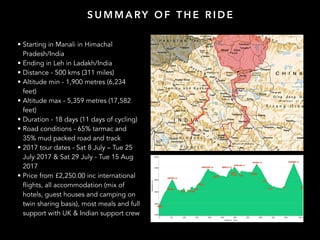 S U M M A RY O F T H E R I D E
• Starting in Manali in Himachal
Pradesh/India
• Ending in Leh in Ladakh/India
• Distance - 500 kms (311 miles)
• Altitude min - 1,900 metres (6,234
feet)
• Altitude max - 5,359 metres (17,582
feet)
• Duration - 18 days (11 days of cycling)
• Road conditions - 65% tarmac and
35% mud packed road and track
• 2017 tour dates - Sat 8 July – Tue 25
July 2017 & Sat 29 July - Tue 15 Aug
2017
• Price from £2,250.00 inc international
flights, all accommodation (mix of
hotels, guest houses and camping on
twin sharing basis), most meals and full
support with UK & Indian support crew
 
