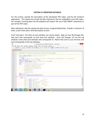 14
SECTION VI: FRONTEND DATABASE
For this section, provide the description of the developed PHP codes used for the frontend
application. This should also include the SQL statements that are embedded in the PHP codes.
For example, inserting data into the database will require the use of SQL INSERT statements as
part of the PHP codes.
After editing the .php file, display the data of your assigned table/entity. Provide a minimum of
three screen shots with a brief description of each:
Front End step 1: The titles of each attribute are clearly stated. Note on lines 96 through 102,
that each title corresponds to each back end attribute. Lines 107 through 113 are the sql
attribute names that each attribute title corresponds to. Notice that each is case sensitive, and
each corresponds to the sql attributes.
 