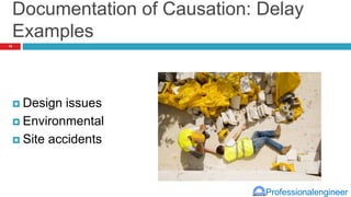 Professionalengineer
Documentation of Causation: Delay
Examples
 Design issues
 Environmental
 Site accidents
18
 