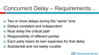 Professionalengineer
Concurrent Delay – Requirements…
 Two or more delays during the “same” time
 Delays unrelated and independent
 Must delay the critical path
 Responsibility of different parties
 Each party bears its own expenses for that delay
 Substantial and not easily curable
20
 