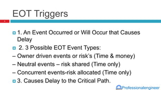 Professionalengineer
EOT Triggers
 1. An Event Occurred or Will Occur that Causes
Delay
 2. 3 Possible EOT Event Types:
– Owner driven events or risk’s (Time & money)
– Neutral events – risk shared (Time only)
– Concurrent events-risk allocated (Time only)
 3. Causes Delay to the Critical Path.
4
 