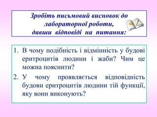 Зробіть письмовий висновок до
лабораторної роботи,
давши відповіді на питання:
1. В чому подібність і відмінність у будові
еритроцитів людини і жаби? Чим це
можна пояснити?
2. У чому проявляється відповідність
будови еритроцитів людини тій функції,
яку вони виконують?
 