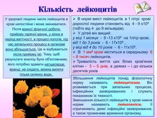  В нормі вміст лейкоцитів в 1 літрі крові
дорослої людини становить від 4 - 9 x109
(тобто від 4 до 9 мільярдів).
 У дітей він вищий:
у віці 1 місяця - 9 -13 x109 на 1літр крові,
від 1 до 3 років - 6 - 17x109 ,
у віці від 4 до 10 років - 6 - 11x109.
 В 1 мм3 крові міститься в середньому 6
– 8 тисяч лейкоцитів.
 Тривалість життя цих білих кров'яних
клітин - 3 – 5 днів, а деяких – і до кількох
десятків років
Збільшення лейкоцитів понад фізіологічну
норму називають лейкоцитозом. Він
розвивається при запальних процесах,
інфекційних захворюваннях і служить
показником їх тяжкості.
Зменшення кількості лейкоцитів у крові нижче
норми називають лейкопенією, її
спричиняють деякі інфекційні захворювання,
а також променеве враження організму.
У здорової людини число лейкоцитів в
крові непостійне і може змінюватися.
Після важкої фізичної роботи,
прийому гарячої ванни, у жінок в
період вагітності, в процесі пологів, під
час запального процесу в організмі
воно збільшується. Це ж відбувається
після прийому їжі. Тому, щоб
результати аналізу були об'єктивними,
його потрібно здавати натщесерце,
вранці, не снідати, можна випити
тільки склянку води.
 