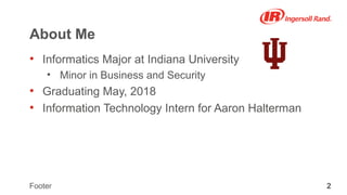2Footer
About Me
• Informatics Major at Indiana University
• Minor in Business and Security
• Graduating May, 2018
• Information Technology Intern for Aaron Halterman
 