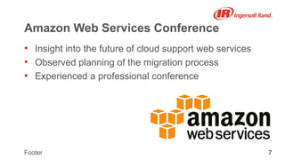 7Footer
Amazon Web Services Conference
• Insight into the future of cloud support web services
• Observed planning of the migration process
• Experienced a professional conference
 