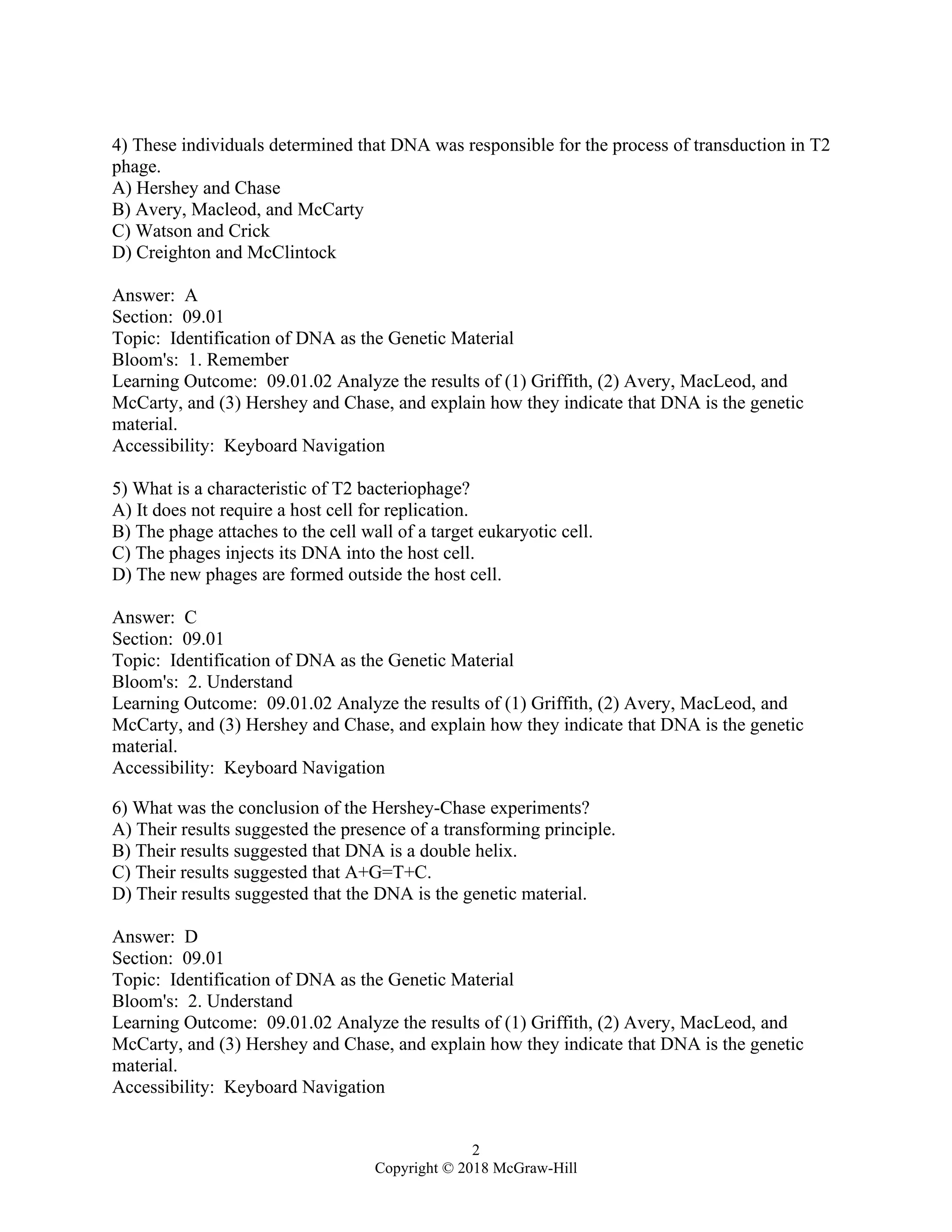 2
Copyright © 2018 McGraw-Hill
4) These individuals determined that DNA was responsible for the process of transduction in T2
phage.
A) Hershey and Chase
B) Avery, Macleod, and McCarty
C) Watson and Crick
D) Creighton and McClintock
Answer: A
Section: 09.01
Topic: Identification of DNA as the Genetic Material
Bloom's: 1. Remember
Learning Outcome: 09.01.02 Analyze the results of (1) Griffith, (2) Avery, MacLeod, and
McCarty, and (3) Hershey and Chase, and explain how they indicate that DNA is the genetic
material.
Accessibility: Keyboard Navigation
5) What is a characteristic of T2 bacteriophage?
A) It does not require a host cell for replication.
B) The phage attaches to the cell wall of a target eukaryotic cell.
C) The phages injects its DNA into the host cell.
D) The new phages are formed outside the host cell.
Answer: C
Section: 09.01
Topic: Identification of DNA as the Genetic Material
Bloom's: 2. Understand
Learning Outcome: 09.01.02 Analyze the results of (1) Griffith, (2) Avery, MacLeod, and
McCarty, and (3) Hershey and Chase, and explain how they indicate that DNA is the genetic
material.
Accessibility: Keyboard Navigation
6) What was the conclusion of the Hershey-Chase experiments?
A) Their results suggested the presence of a transforming principle.
B) Their results suggested that DNA is a double helix.
C) Their results suggested that A+G=T+C.
D) Their results suggested that the DNA is the genetic material.
Answer: D
Section: 09.01
Topic: Identification of DNA as the Genetic Material
Bloom's: 2. Understand
Learning Outcome: 09.01.02 Analyze the results of (1) Griffith, (2) Avery, MacLeod, and
McCarty, and (3) Hershey and Chase, and explain how they indicate that DNA is the genetic
material.
Accessibility: Keyboard Navigation
 