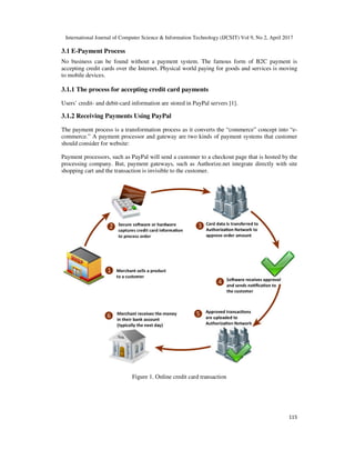 International Journal of Computer Science & Information Technology (IJCSIT) Vol 9, No 2, April 2017
115
3.1 E-Payment Process
No business can be found without a payment system. The famous form of B2C payment is
accepting credit cards over the Internet. Physical world paying for goods and services is moving
to mobile devices.
3.1.1 The process for accepting credit card payments
Users’ credit- and debit-card information are stored in PayPal servers [1].
3.1.2 Receiving Payments Using PayPal
The payment process is a transformation process as it converts the “commerce” concept into “e-
commerce.” A payment processor and gateway are two kinds of payment systems that customer
should consider for website:
Payment processors, such as PayPal will send a customer to a checkout page that is hosted by the
processing company. But, payment gateways, such as Authorize.net integrate directly with site
shopping cart and the transaction is invisible to the customer.
Figure 1. Online credit card transaction
 