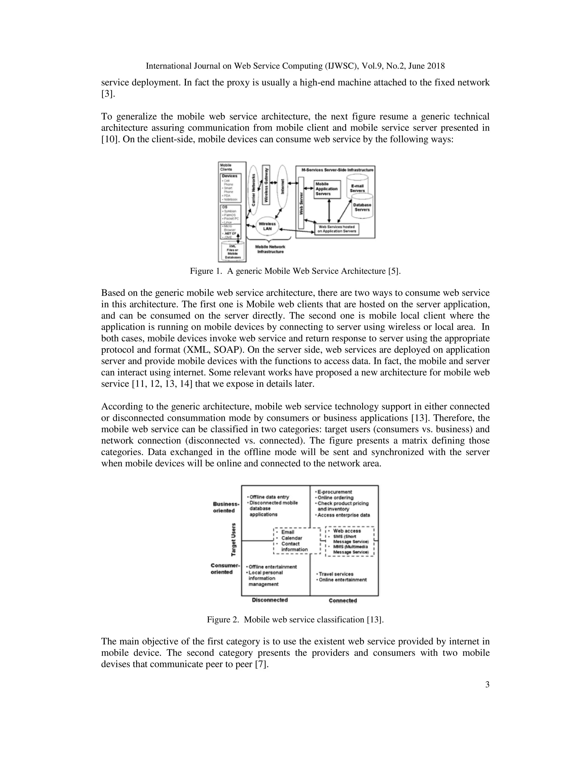 International Journal on Web Service Computing (IJWSC), Vol.9, No.2, June 2018
3
service deployment. In fact the proxy is usually a high-end machine attached to the fixed network
[3].
To generalize the mobile web service architecture, the next figure resume a generic technical
architecture assuring communication from mobile client and mobile service server presented in
[10]. On the client-side, mobile devices can consume web service by the following ways:
Figure 1. A generic Mobile Web Service Architecture [5].
Based on the generic mobile web service architecture, there are two ways to consume web service
in this architecture. The first one is Mobile web clients that are hosted on the server application,
and can be consumed on the server directly. The second one is mobile local client where the
application is running on mobile devices by connecting to server using wireless or local area. In
both cases, mobile devices invoke web service and return response to server using the appropriate
protocol and format (XML, SOAP). On the server side, web services are deployed on application
server and provide mobile devices with the functions to access data. In fact, the mobile and server
can interact using internet. Some relevant works have proposed a new architecture for mobile web
service [11, 12, 13, 14] that we expose in details later.
According to the generic architecture, mobile web service technology support in either connected
or disconnected consummation mode by consumers or business applications [13]. Therefore, the
mobile web service can be classified in two categories: target users (consumers vs. business) and
network connection (disconnected vs. connected). The figure presents a matrix defining those
categories. Data exchanged in the offline mode will be sent and synchronized with the server
when mobile devices will be online and connected to the network area.
Figure 2. Mobile web service classification [13].
The main objective of the first category is to use the existent web service provided by internet in
mobile device. The second category presents the providers and consumers with two mobile
devises that communicate peer to peer [7].
 