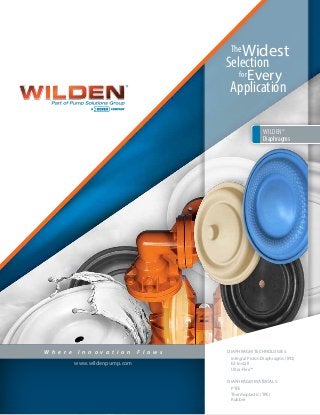 W h e r e I n n o v a t i o n F l o w s DIAPHRAGM TECHNOLOGIES:
Integral Piston Diaphragms (IPD)
EZ-Install
Ultra-Flex™
DIAPHRAGM MATERIALS:
PTFE
Thermoplastic (TPE)
Rubber
www.wildenpump.com
WILDEN®
Diaphragms
for
TheWidest
Selection
Application
Every
 