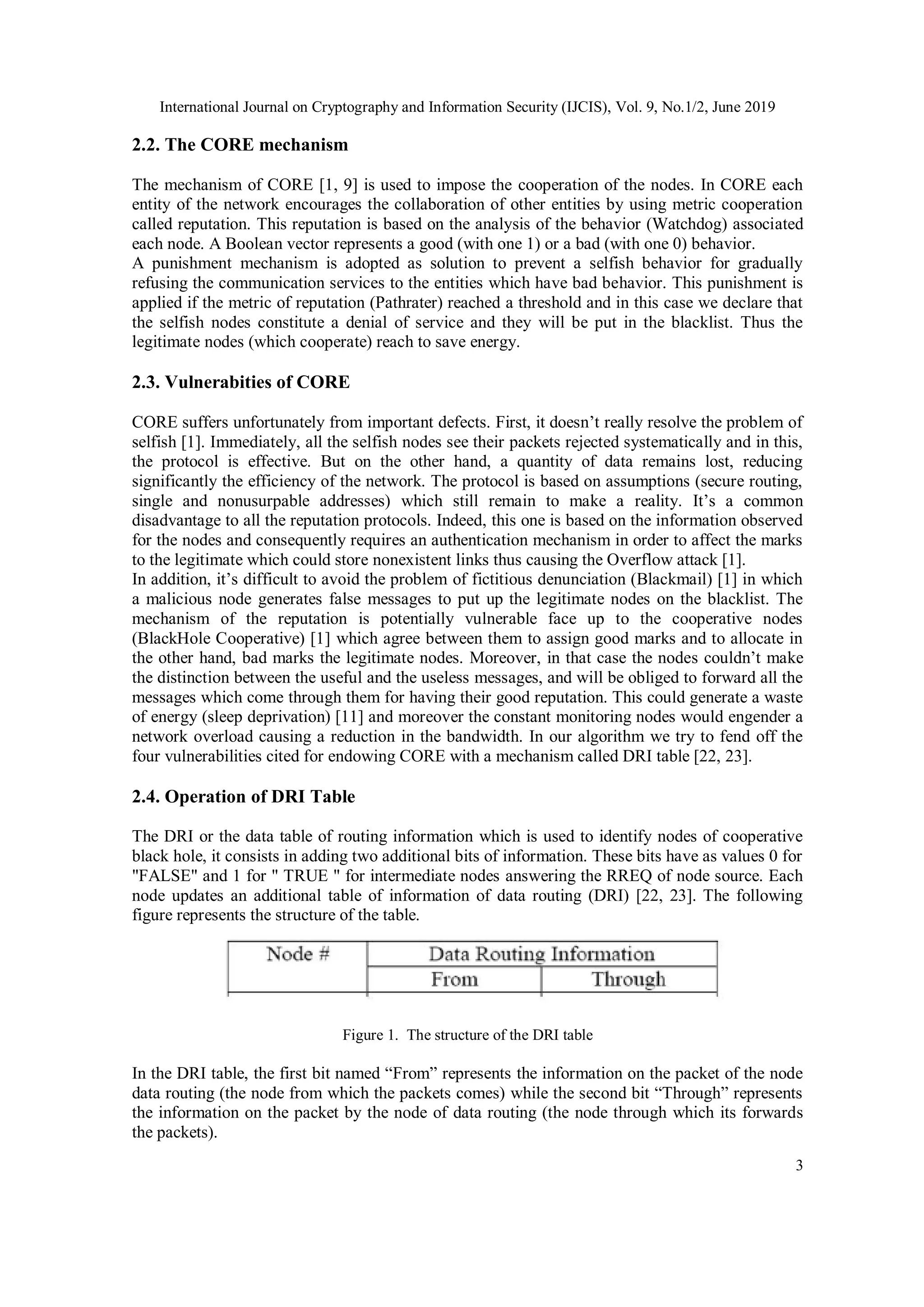 International Journal on Cryptography and Information Security (IJCIS), Vol. 9, No.1/2, June 2019
3
2.2. The CORE mechanism
The mechanism of CORE [1, 9] is used to impose the cooperation of the nodes. In CORE each
entity of the network encourages the collaboration of other entities by using metric cooperation
called reputation. This reputation is based on the analysis of the behavior (Watchdog) associated
each node. A Boolean vector represents a good (with one 1) or a bad (with one 0) behavior.
A punishment mechanism is adopted as solution to prevent a selfish behavior for gradually
refusing the communication services to the entities which have bad behavior. This punishment is
applied if the metric of reputation (Pathrater) reached a threshold and in this case we declare that
the selfish nodes constitute a denial of service and they will be put in the blacklist. Thus the
legitimate nodes (which cooperate) reach to save energy.
2.3. Vulnerabities of CORE
CORE suffers unfortunately from important defects. First, it doesn’t really resolve the problem of
selfish [1]. Immediately, all the selfish nodes see their packets rejected systematically and in this,
the protocol is effective. But on the other hand, a quantity of data remains lost, reducing
significantly the efficiency of the network. The protocol is based on assumptions (secure routing,
single and nonusurpable addresses) which still remain to make a reality. It’s a common
disadvantage to all the reputation protocols. Indeed, this one is based on the information observed
for the nodes and consequently requires an authentication mechanism in order to affect the marks
to the legitimate which could store nonexistent links thus causing the Overflow attack [1].
In addition, it’s difficult to avoid the problem of fictitious denunciation (Blackmail) [1] in which
a malicious node generates false messages to put up the legitimate nodes on the blacklist. The
mechanism of the reputation is potentially vulnerable face up to the cooperative nodes
(BlackHole Cooperative) [1] which agree between them to assign good marks and to allocate in
the other hand, bad marks the legitimate nodes. Moreover, in that case the nodes couldn’t make
the distinction between the useful and the useless messages, and will be obliged to forward all the
messages which come through them for having their good reputation. This could generate a waste
of energy (sleep deprivation) [11] and moreover the constant monitoring nodes would engender a
network overload causing a reduction in the bandwidth. In our algorithm we try to fend off the
four vulnerabilities cited for endowing CORE with a mechanism called DRI table [22, 23].
2.4. Operation of DRI Table
The DRI or the data table of routing information which is used to identify nodes of cooperative
black hole, it consists in adding two additional bits of information. These bits have as values 0 for
"FALSE" and 1 for " TRUE " for intermediate nodes answering the RREQ of node source. Each
node updates an additional table of information of data routing (DRI) [22, 23]. The following
figure represents the structure of the table.
Figure 1. The structure of the DRI table
In the DRI table, the first bit named “From” represents the information on the packet of the node
data routing (the node from which the packets comes) while the second bit “Through” represents
the information on the packet by the node of data routing (the node through which its forwards
the packets).
 