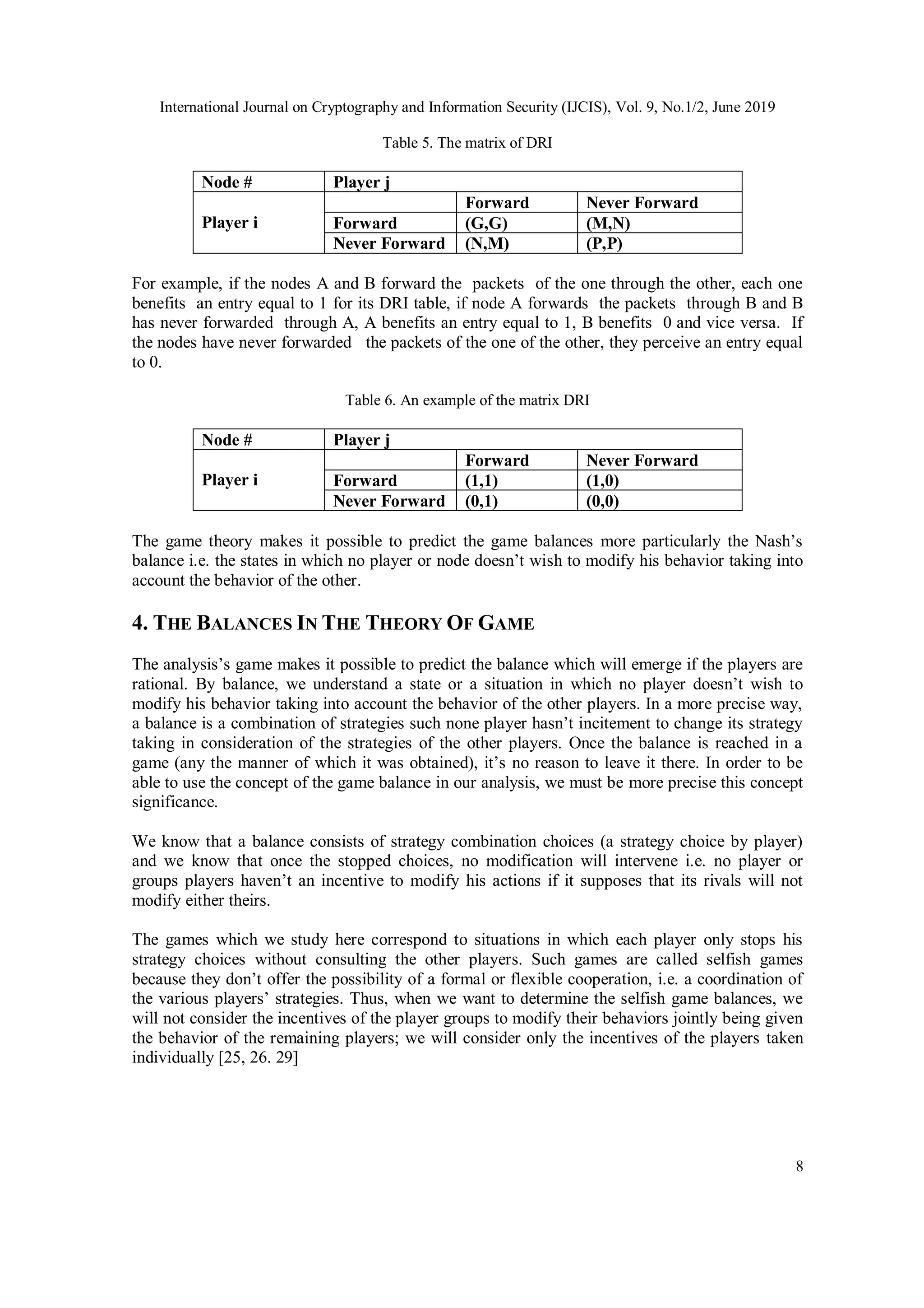 International Journal on Cryptography and Information Security (IJCIS), Vol. 9, No.1/2, June 2019
8
Table 5. The matrix of DRI
Node # Player j
Player i
Forward Never Forward
Forward (G,G) (M,N)
Never Forward (N,M) (P,P)
For example, if the nodes A and B forward the packets of the one through the other, each one
benefits an entry equal to 1 for its DRI table, if node A forwards the packets through B and B
has never forwarded through A, A benefits an entry equal to 1, B benefits 0 and vice versa. If
the nodes have never forwarded the packets of the one of the other, they perceive an entry equal
to 0.
Table 6. An example of the matrix DRI
Node # Player j
Player i
Forward Never Forward
Forward (1,1) (1,0)
Never Forward (0,1) (0,0)
The game theory makes it possible to predict the game balances more particularly the Nash’s
balance i.e. the states in which no player or node doesn’t wish to modify his behavior taking into
account the behavior of the other.
4. THE BALANCES IN THE THEORY OF GAME
The analysis’s game makes it possible to predict the balance which will emerge if the players are
rational. By balance, we understand a state or a situation in which no player doesn’t wish to
modify his behavior taking into account the behavior of the other players. In a more precise way,
a balance is a combination of strategies such none player hasn’t incitement to change its strategy
taking in consideration of the strategies of the other players. Once the balance is reached in a
game (any the manner of which it was obtained), it’s no reason to leave it there. In order to be
able to use the concept of the game balance in our analysis, we must be more precise this concept
significance.
We know that a balance consists of strategy combination choices (a strategy choice by player)
and we know that once the stopped choices, no modification will intervene i.e. no player or
groups players haven’t an incentive to modify his actions if it supposes that its rivals will not
modify either theirs.
The games which we study here correspond to situations in which each player only stops his
strategy choices without consulting the other players. Such games are called selfish games
because they don’t offer the possibility of a formal or flexible cooperation, i.e. a coordination of
the various players’ strategies. Thus, when we want to determine the selfish game balances, we
will not consider the incentives of the player groups to modify their behaviors jointly being given
the behavior of the remaining players; we will consider only the incentives of the players taken
individually [25, 26. 29]
 