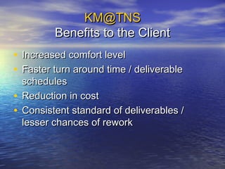 KM@TNSKM@TNS
Benefits to the ClientBenefits to the Client
• Increased comfort levelIncreased comfort level
• Faster turn around time / deliverableFaster turn around time / deliverable
schedulesschedules
• Reduction in costReduction in cost
• Consistent standard of deliverables /Consistent standard of deliverables /
lesser chances of reworklesser chances of rework
 