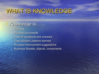 WHAT IS KNOWLEDGEWHAT IS KNOWLEDGE
• Knowledge is…….Knowledge is…….
– TrainingTraining
– Process documentsProcess documents
– A set of questions and answersA set of questions and answers
– Case studies Lessons learnedCase studies Lessons learned
– Process Improvement suggestionsProcess Improvement suggestions
– Business Models, objects, componentsBusiness Models, objects, components
 