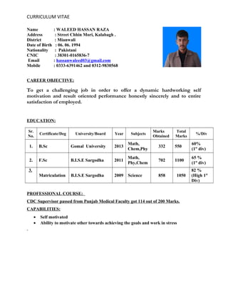 CURRICULUM VITAE
Name : WALEED HASSAN RAZA
Address : Street Chhin Mori, Kalabagh .
District : Mianwali
Date of Birth : 06. 06. 1994
Nationality : Pakistani
CNIC : 38301-0165836-7
Email : hassanwaleed03@gmail.com
Mobile : 0333-6391462 and 0312-9830568
CAREER OBJECTIVE:
To get a challenging job in order to offer a dynamic hardworking self
motivation and result oriented performance honestly sincerely and to entire
satisfaction of employed.
EDUCATION:
Sr.
No.
Certificate/Deg University/Board Year Subjects
Marks
Obtained
Total
Marks
%/Div
1. B.Sc Gomal University 2013
Math,
Chem,Phy
332 550
60%
(1st
div)
2. F.Sc B.I.S.E Sargodha 2011
Math,
Phy,Chem
702 1100
65 %
(1st
div)
3.
Matriculation B.I.S.E Sargodha 2009 Science 858 1050
82 %
(High 1st
Div)
PROFESSIONAL COURSE:
CDC Supervisor passed from Punjab Medical Faculty got 114 out of 200 Marks.
CAPABILITIES:
• Self motivated
• Ability to motivate other towards achieving the goals and work in stress
 