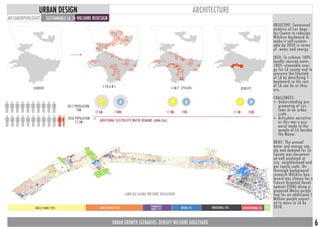 METAMORPHOLOGIES
ARCHITECTURE
SUSTAINABLE LA
URBAN DESIGN
WILSHIRE REDESIGN>
OBJECTIVE: Contextual
analysis of Los Ange-
les County to redesign
Wilshire boulevard to
make it self-sustain-
able by 2050 in terms
of water and energy.
IDEA: To achieve 100%
locally sourced water,
100% renewable ener-
gy for LA county and to
preserve the lifestyle
of LA by densifying 1
boulevard so the rest
of LA can be as they
are.
CHALLENGES:
•	 Understanding pro-
gramming of sys-
tems at an urban
scale.
•	 Articulate narrative
as this was a pro-
posal made to the
people of LA besides
the Mayor.
BRIEF: The annual
water and energy sup-
ply and demand for LA
County was document-
ed and analyzed at
city, neighborhood and
per capita scale. On
thorough background
research Wilshire bou-
levard was chosen for a
Transit Oriented Devel-
opment (TOD) along a
proposed Metro purple
line for an additional 1
Million people expect-
ed to move to LA by
2050.
CURRENT S P R A W L L I M I T S P R A W L DENSIFY
ADDITIONAL ELECTRICITY/WATER DEMAND (KWH/GAL)+
+2.4M +1.8M +1.5M+108B +70B +50B
URBAN GROWTH SCENARIOS- DENSIFY WILSHIRE BOULEVARD
2015 POPULATION
10M
2050 POPULATION
11.5M
LAND-USE ALONG WILSHIRE BOULEVARD
6
SINGLE FAMILY 20% MULTI FAMILY 15% RETAIL 7% INDUSTRIAL 10% INSTITUTIONAL 5%
COMMERCIAL
MIXED 7.5%
OPEN
SPACE
7.5%
 
