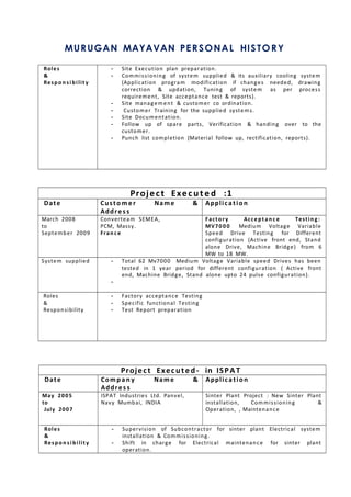 MURUGAN MAYAVAN PERSONAL HISTORY
Roles
&
Respo n s i bility
- Site Execution plan preparation.
- Commissioning of system supplied & its auxiliary cooling system
(Application program modification if changes needed, drawing
correction & updation, Tuning of system as per process
requirement, Site acceptance test & reports).
- Site management & customer co ordination.
- Customer Training for the supplied systems.
- Site Documentation.
- Follow up of spare parts, Verification & handing over to the
customer.
- Punch list completion (Material follow up, rectification, reports).
Project Execute d :1
Date Custo m er Name &
Addres s
Application
March 2008
to
September 2009
Converteam SEMEA,
PCM, Massy.
Fran c e
Factory Accept an c e Testin g:
MV70 0 0 Medium Voltage Variable
Speed Drive Testing for Different
configuration (Active front end, Stand
alone Drive, Machine Bridge) from 6
MW to 18 MW.
System supplied - Total 62 Mv7000 Medium Voltage Variable speed Drives has been
tested in 1 year period for different configuration ( Active front
end, Machine Bridge, Stand alone upto 24 pulse configuration).
-
Roles
&
Responsibility
- Factory acceptance Testing
- Specific functional Testing
- Test Report preparation
Project Executed- in ISPAT
Date Compa n y Name &
Addres s
Application
May 2005
to
July 2007
ISPAT Industries Ltd. Panvel,
Navy Mumbai, INDIA
Sinter Plant Project : New Sinter Plant
installation, Commissioning &
Operation, , Maintenance
Roles
&
Respo n s i bility
- Supervision of Subcontractor for sinter plant Electrical system
installation & Commissioning.
- Shift in charge for Electrical maintenance for sinter plant
operation.
 