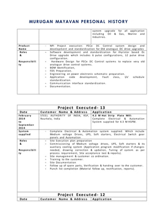 MURUGAN MAYAVAN PERSONAL HISTORY
system upgrade for all application
including Oil & Gas, Marine and
Industries.
Produ ct
Name
- NPI Project execution: PECe DC Control system design and
development and standardization for Old analogue DC drive upgrades
Roles
&
Respo n s i bili
ty
- Software development and standardization for thyristor based Dc
Drive upgrade which includes 6 pulse configurations, 12 pulse drive
configuration.
- Hardware Design for PECe DC Control systems to replace very old
analogue drive control systems.
- BOM Identification,
- FDS Preparation.
- Engineering on power electronic schematic preparation.
- Application code development, Fault class, I/o’ schedule
standardization.
- Communication interface standardization.
- Documentation.
Project Execute d - 13
Date Custo m er Name & Addres s Application
Febru ar y
2014
to
Septe m b e r
2014
STEEL AUTHORITY OF INDIA, RSP,
Rourkela, India
4.3 M Hot Strip Plate Mill:
Complete Electrical & Automation
System supplied for 4.3 M HSPM.
Syste m
supplied
- Complete Electrical & Automation system supplied: Which include
Medium voltage Drives, UPS, Soft starters, Electrical Switch gear
panels and Automation
Roles
&
Respo n s i bili
ty
- Site Execution plan preparation
- Commissioning of Medium voltage drives, UPS, Soft starters & its
auxiliary cooling system (Application program modification if changes
needed, drawing correction & updation, Tuning of system as per
process requirement, Site acceptance test & reports).
- Site management & customer co ordination.
- Training to the customer.
- Site Documentation
- Follow up of spare parts, Verification & handing over to the customer.
- Punch list completion (Material follow up, rectification, reports).
Project Execute d - 12
Date Custo m er Name & Addres s Application
 
