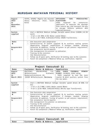 MURUGAN MAYAVAN PERSONAL HISTORY
Augu s t
2013
to
Nove m b e r
2013
TOTAL, OFON2 Nigeria Ltd, Hyundai
Heavy Industries, Ulsan, South
Korea
OFF S H O R E GAS PRO C E S S I N G
PLAT F O R M :
VSDS Supplied for compressor
application to separate the wastage
from natural gas and transport the gas
to storage offshore platform with
required pressure.
Syste m
supplied
- 2no’s x MV7616 Medium Voltage Variable speed drives (16MW, 6.6 KV
each)
- 2 no’s x (15 MW, 6 KV) Water cooled Motor.
- 4 no’s x (9.7 MVA, 6.6KV/(4x1750V)) ONAN Transformers.
Roles
&
Respo n s i bili
ty
- Site Execution plan preparation
- Commissioning of system supplied & its auxiliary cooling system
(Application program modification if changes needed, drawing
correction & updation, Tuning of system as per process requirement,
Site acceptance test & reports).
- Site management & customer co ordination.
- Training to the customer.
- Site Documentation
- Follow up of spare parts, Verification & handing over to the customer.
- Punch list completion ( Material follow up, rectification, reports).
Project Execute d - 11
Date Custo m er Name & Addres s Application
Augu s t
2012
to
March 2013
RACTEBEL ENGINEERING S.A.,
Wilhelmshaven Kraftwerk,
Niedersachsendam m 10,
26388 Wilhelmshaven, German y
COLE FIRE D THE RM A L POWE R
PLAN T : 912MVA, 22KV rating.
VSDS supplied to cool the main
reactor & plant auxiliary system from
the sea water.
Syste m
supplied
- 2no’s x MV7308 Medium Voltage Variable speed drives (8 MW, 3.3
KV).
- 2 no’s x (5.2 MW, 2.2KV) Water cooled Motor.
- 4 no’s x (2.95 MVA, 15KV/(4x745V)) AN Dry type Transformers.
Roles
&
Respo n s i bili
ty
- Site Execution plan preparation
- Commissioning of system supplied & its auxiliary cooling system
(Application program modification if changes needed, drawing
correction & updation, Tuning of system as per process requirement,
Site acceptance test & reports).
- Site management & customer co ordination.
- Training to the customer.
- Site Documentation
- Follow up of spare parts, Verification & handing over to the customer.
- Punch list completion ( Material follow up, rectification, reports).
Project Execute d - 10
Date Custo m er Name & Addres s Application
 