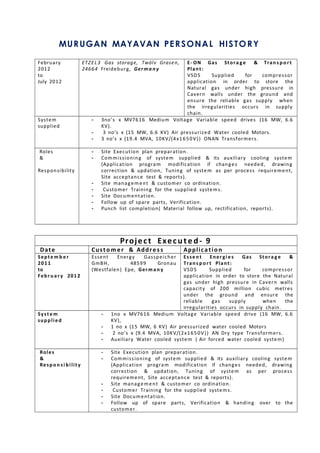 MURUGAN MAYAVAN PERSONAL HISTORY
February
2012
to
July 2012
ETZEL3 Gas storage, Twölv Grasen,
24664 Freideburg, Germa n y
E- ON Gas Stora g e & Trans p o r t
Plant:
VSDS Supplied for compressor
application in order to store the
Natural gas under high pressure in
Cavern walls under the ground and
ensure the reliable gas supply when
the irregularities occurs in supply
chain.
System
supplied
- 3no’s x MV7616 Medium Voltage Variable speed drives (16 MW, 6.6
KV).
- 3 no’s x (15 MW, 6.6 KV) Air pressurized Water cooled Motors.
- 3 no’s x (19.4 MVA, 10KV/(4x1650V)) ONAN Transformers.
Roles
&
Responsibility
- Site Execution plan preparation.
- Commissioning of system supplied & its auxiliary cooling system
(Application program modification if changes needed, drawing
correction & updation, Tuning of system as per process requirement,
Site acceptance test & reports).
- Site management & customer co ordination.
- Customer Training for the supplied systems.
- Site Documentation.
- Follow up of spare parts, Verification.
- Punch list completion( Material follow up, rectification, reports).
Project Execute d- 9
Date Custo m er & Addres s Application
Septe m b e r
2011
to
Febru ar y 2012
Essent Energy Gasspeicher
GmBH, 48599 Gronau
(Westfalen) Epe, Germa n y
Essen t Ener gi e s Gas Stora g e &
Trans p o r t Plant:
VSDS Supplied for compressor
application in order to store the Natural
gas under high pressure in Cavern walls
capacity of 200 million cubic metres
under the ground and ensure the
reliable gas supply when the
irregularities occurs in supply chain.
Syste m
supplied
- 1no x MV7616 Medium Voltage Variable speed drive (16 MW, 6.6
KV),
- 1 no x (15 MW, 6 KV) Air pressurized water cooled Motors
- 2 no’s x (9.4 MVA, 10KV/(2x1650V)) AN Dry type Transformers.
- Auxiliary Water cooled system ( Air forced water cooled system)
Roles
&
Respo n s i bility
- Site Execution plan preparation.
- Commissioning of system supplied & its auxiliary cooling system
(Application program modification if changes needed, drawing
correction & updation, Tuning of system as per process
requirement, Site acceptance test & reports).
- Site management & customer co ordination.
- Customer Training for the supplied systems.
- Site Documentation.
- Follow up of spare parts, Verification & handing over to the
customer.
 