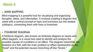 Week 4
► MIND MAPPING
Mind mapping is a powerful tool for visualizing and organizing
thoughts, ideas, and information. It involves creating a diagram that
starts with a central concept or topic and branches out into related
subtopics, connecting them with lines or branches.
► FISHBONE DIAGRAM
A fishbone diagram, also known as Ishikawa diagram or cause-and-
effect diagram, is a visual tool used to identify and analyze the
possible causes of a problem or an effect. The diagram resembles the
skeleton of a fish, with the main problem or effect represented as the
"head" and the potential causes branching off like "bones."
 