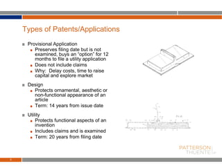 Provisional Application
Preserves filing date but is not
examined, buys an “option” for 12
months to file a utility application
Does not include claims
Why: Delay costs, time to raise
capital and explore market
Design
Protects ornamental, aesthetic or
non-functional appearance of an
article
Term: 14 years from issue date
Utility
Protects functional aspects of an
invention
Includes claims and is examined
Term: 20 years from filing date
9
Types of Patents/Applications
 
