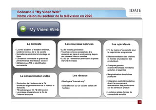Scénario 2 "My Video Web"
  Notre vision du secteur de la télévision en 2020




             Le contexte                              Les nouveaux services                           Les opérateurs

• La crise accélère la mutation Internet,        • La TV mobile généralisée                     • Fin du régime d’exclusivité pour
  système nerveux de la vie sociale              • Tous les contenus accessibles à la             la majorité des programmes
• Nomadisme généralisé et stockage en              demande en ligne et en streaming depuis
  ligne                                            des réseaux fixes ou mobiles                 • Désintermédiation des chaînes
• Connexion universelle et gratuite et           • La 3D (et l’immersion) entre dans la phase     et montée en puissance des
  prédominance des réseaux sociaux                 marché de masse                                producteurs
• Adhésion aux TIC et identification
  permanente                                                                                    • Quelques grandes
                                                                                                  chaînes/franchises mondiales
                                                                                                  gratuites et payantes

                                                                                                • Marginalisation des chaînes
     La consommation vidéo                                     Les réseaux                        publiques

                                                  • Des foyers "Internet only"                  • Intégration publicité/marketing
• Diminution de l’audience de la TV                                                               direct / e-commerce et
  broadcast et généralisation de la vidéo à la    • Une réflexion sur un second switch-off        rémunération des producteurs
  demande                                           hertzien                                      sur les ventes de produit
• "Broadcast your life "& UGC enrichi
• Le piratage disparait avec la fin de                                                          • Les telcos plates-formes de
  l’Internet anonyme                                                                              connectivité enrichie



                                                                                                                                     10
                                                                                                                                     10
 