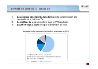 Services : la catch-up TV, service clé


1.    Les chaînes bénéficient à long terme de la consommation à la
      demande via la catch-up TV,
2.    Le meilleur du web se combine avec la TV broadcast,
3.    La 3D émerge, d’abord tirée par le cinéma et les jeux.


           Ventilation du CA publicitaire de la vidéo à la demande en 2020




                  Live TV channels- fixed networks         Catch-up TV
                  Live TV channels - nomad & mobile        On-demand Video - fixed networks
                  On-demand video - nomad & mobile

                 Source : IDATE ©"Télévision 2020 : La migration Internet"

                                                                                              6
                                                                                              6
 