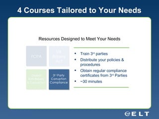 4 Courses Tailored to Your Needs Resources Designed to Meet Your Needs Train 3 rd  parties Distribute your policies & procedures Obtain regular compliance certificates from 3 rd  Parties ~30 minutes 