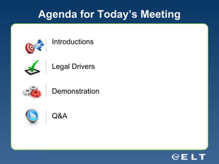 Agenda for Today’s Meeting Introductions Legal Drivers Demonstration Q&A 