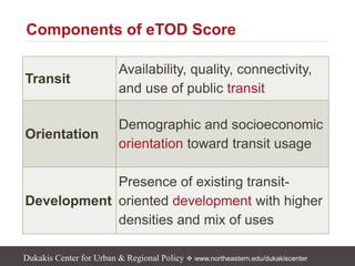 Dukakis Center for Urban & Regional Policy  www.northeastern.edu/dukakiscenter
Transit
Availability, quality, connectivity,
and use of public transit
Orientation
Demographic and socioeconomic
orientation toward transit usage
Development
Presence of existing transit-
oriented development with higher
densities and mix of uses
Components of eTOD Score
 