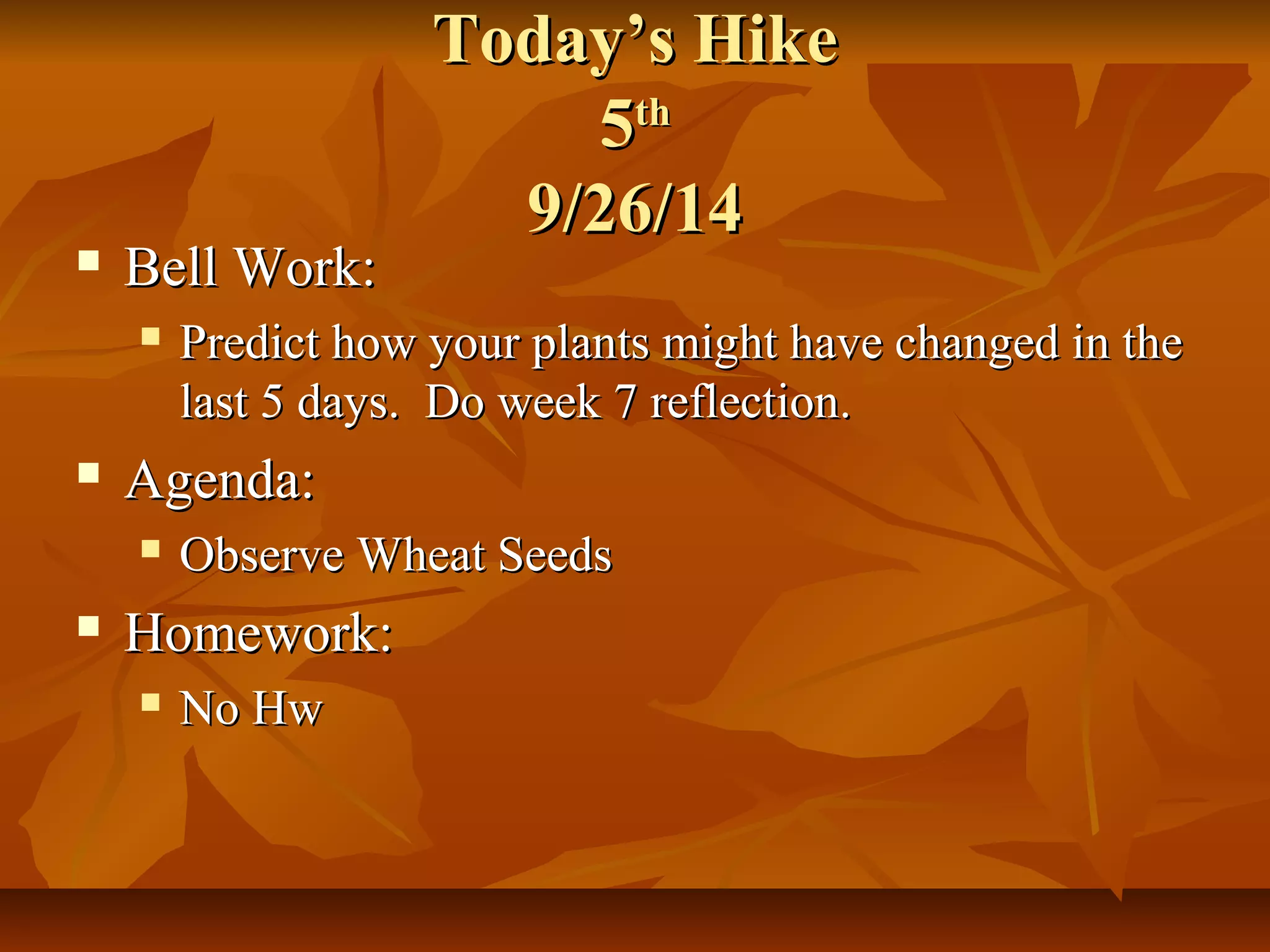 TTooddaayy’’ss HHiikkee 
55tthh 
99//2266//1144 
 BBeellll WWoorrkk:: 
 PPrreeddiicctt hhooww yyoouurr ppllaannttss mmiigghhtt hhaavvee cchhaannggeedd iinn tthhee 
llaasstt 55 ddaayyss.. DDoo wweeeekk 77 rreefflleeccttiioonn.. 
 AAggeennddaa:: 
 OObbsseerrvvee WWhheeaatt SSeeeeddss 
 HHoommeewwoorrkk:: 
 NNoo HHww 
