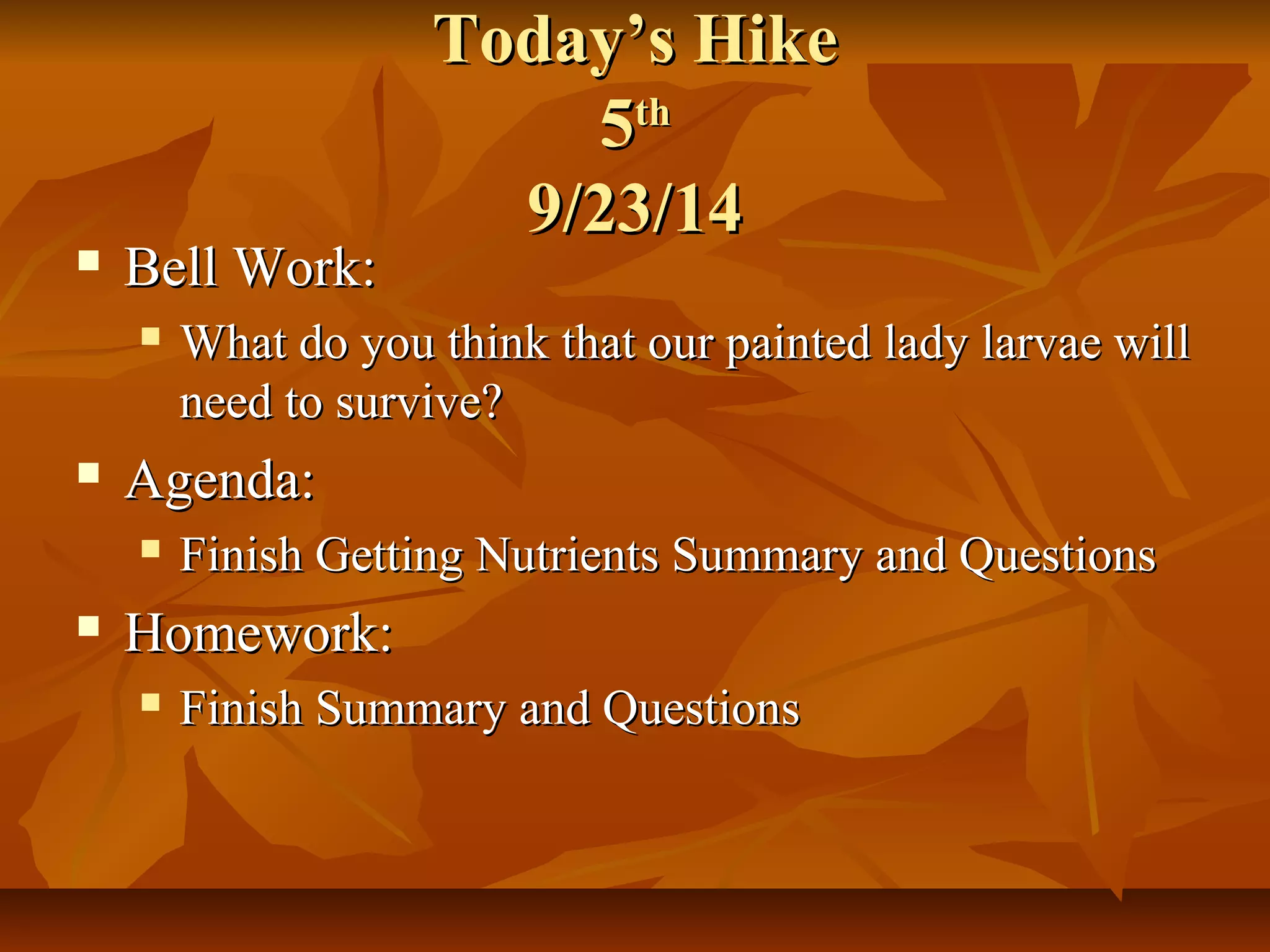 TTooddaayy’’ss HHiikkee 
55tthh 
99//2233//1144 
 BBeellll WWoorrkk:: 
 WWhhaatt ddoo yyoouu tthhiinnkk tthhaatt oouurr ppaaiinntteedd llaaddyy llaarrvvaaee wwiillll 
nneeeedd ttoo ssuurrvviivvee?? 
 AAggeennddaa:: 
 FFiinniisshh GGeettttiinngg NNuuttrriieennttss SSuummmmaarryy aanndd QQuueessttiioonnss 
 HHoommeewwoorrkk:: 
 FFiinniisshh SSuummmmaarryy aanndd QQuueessttiioonnss 
 