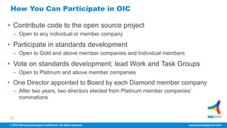 How You Can Participate in OIC 
• Contribute code to the open source project 
– Open to any individual or member company 
• Participate in standards development 
– Open to Gold and above member companies and Individual members 
• Vote on standards development; lead Work and Task Groups 
– Open to Platinum and above member companies 
• One Director appointed to Board by each Diamond member company 
– After two years, two directors elected from Platinum member companies’ 
26 
nominations 
© 2014 Samsung Developer Conference. All rights reserved. www.samsungdevcon.com 
 