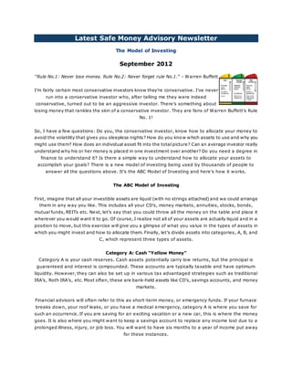 Latest Safe Money Advisory Newsletter
The Model of Investing
September 2012
“Rule No.1: Never lose money. Rule No.2: Never forget rule No.1.” - Warren Buffett
I’m fairly certain most conservative investors know they’re conservative. I’ve never
run into a conservative investor who, after telling me they were indeed
conservative, turned out to be an aggressive investor. There’s something about
losing money that rankles the skin of a conservative investor. They are fans of Warren Buffett’s Rule
No. 1!
So, I have a few questions: Do you, the conservative investor, know how to allocate your money to
avoid the volatility that gives you sleepless nights? How do you know which assets to use and why you
might use them? How does an individual asset fit into the total picture? Can an average investor really
understand why his or her money is placed in one investment over another? Do you need a degree in
finance to understand it? Is there a simple way to understand how to allocate your assets to
accomplish your goals? There is a new model of investing being used by thousands of people to
answer all the questions above. It’s the ABC Model of Investing and here’s how it works.
The ABC Model of Investing
First, imagine that all your investible assets are liquid (with no strings attached) and we could arrange
them in any way you like. This includes all your CD’s, money markets, annuities, stocks, bonds,
mutual funds, REITs etc. Next, let’s say that you could throw all the money on the table and place it
wherever you would want it to go. Of course, I realize not all of your assets are actually liquid and in a
position to move, but this exercise will give you a glimpse of what you value in the types of assets in
which you might invest and how to allocate them. Finally, let’s divide assets into categories, A, B, and
C, which represent three types of assets.
Category A: Cash “Yellow Money”
Category A is your cash reserves. Cash assets potentially carry low returns, but the principal is
guaranteed and interest is compounded. These accounts are typically taxable and have optimum
liquidity. However, they can also be set up in various tax advantaged strategies such as traditional
IRA’s, Roth IRA’s, etc. Most often, these are bank-held assets like CD’s, savings accounts, and money
markets.
Financial advisors will often refer to this as short-term money, or emergency funds. If your furnace
breaks down, your roof leaks, or you have a medical emergency, category A is where you save for
such an occurrence. If you are saving for an exciting vacation or a new car, this is where the money
goes. It is also where you might want to keep a savings account to replace any income lost due to a
prolonged illness, injury, or job loss. You will want to have six months to a year of income put away
for these instances.
 