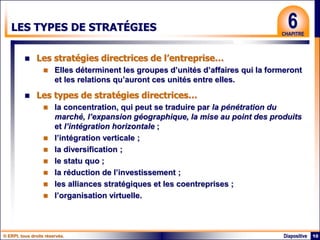 © ERPI, tous droits réservés. 10
Diapositive
6
CHAPITRE
LES TYPES DE STRATÉGIES
 Les stratégies directrices de l’entreprise…
 Elles déterminent les groupes d’unités d’affaires qui la formeront
et les relations qu’auront ces unités entre elles.
 Les types de stratégies directrices…
 la concentration, qui peut se traduire par la pénétration du
marché, l’expansion géographique, la mise au point des produits
et l’intégration horizontale ;
 l’intégration verticale ;
 la diversification ;
 le statu quo ;
 la réduction de l’investissement ;
 les alliances stratégiques et les coentreprises ;
 l’organisation virtuelle.
 